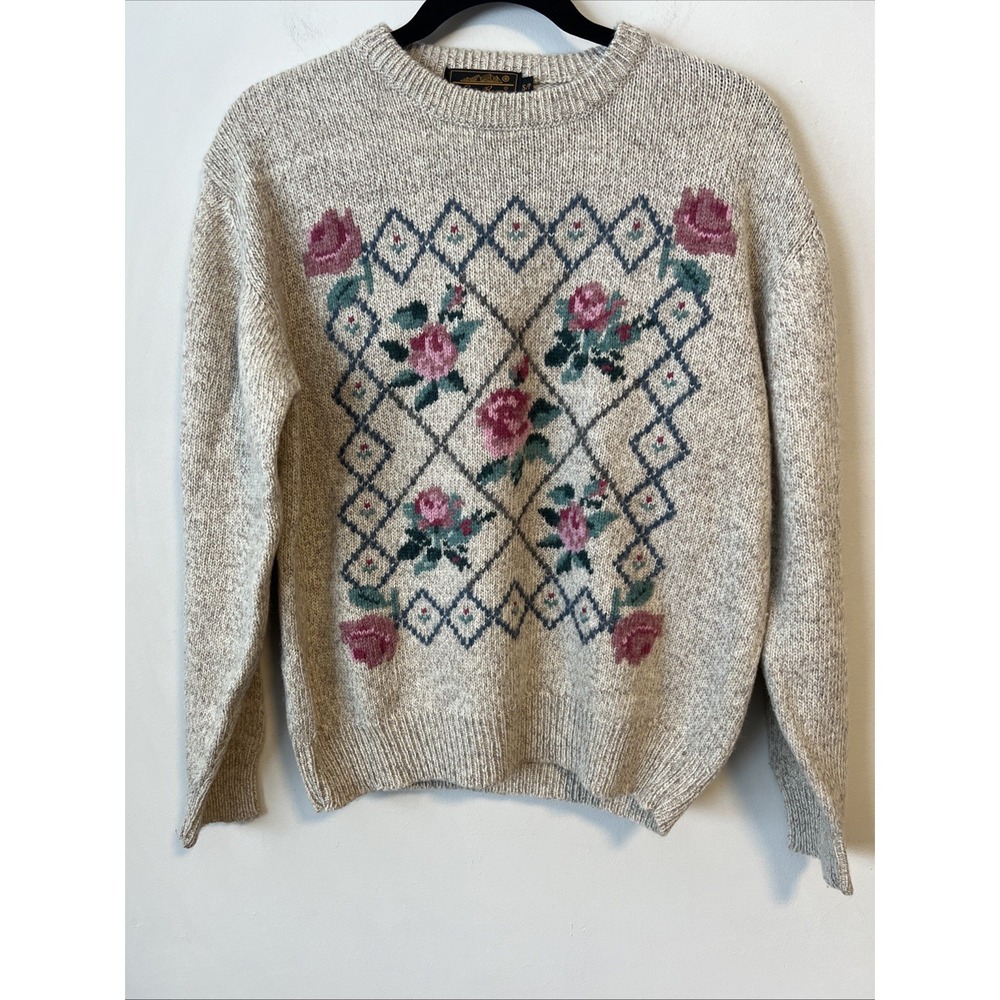 Vintage 90s Eddie Bauer Womens Small Country Primitive Flower Wool Knit Sweater